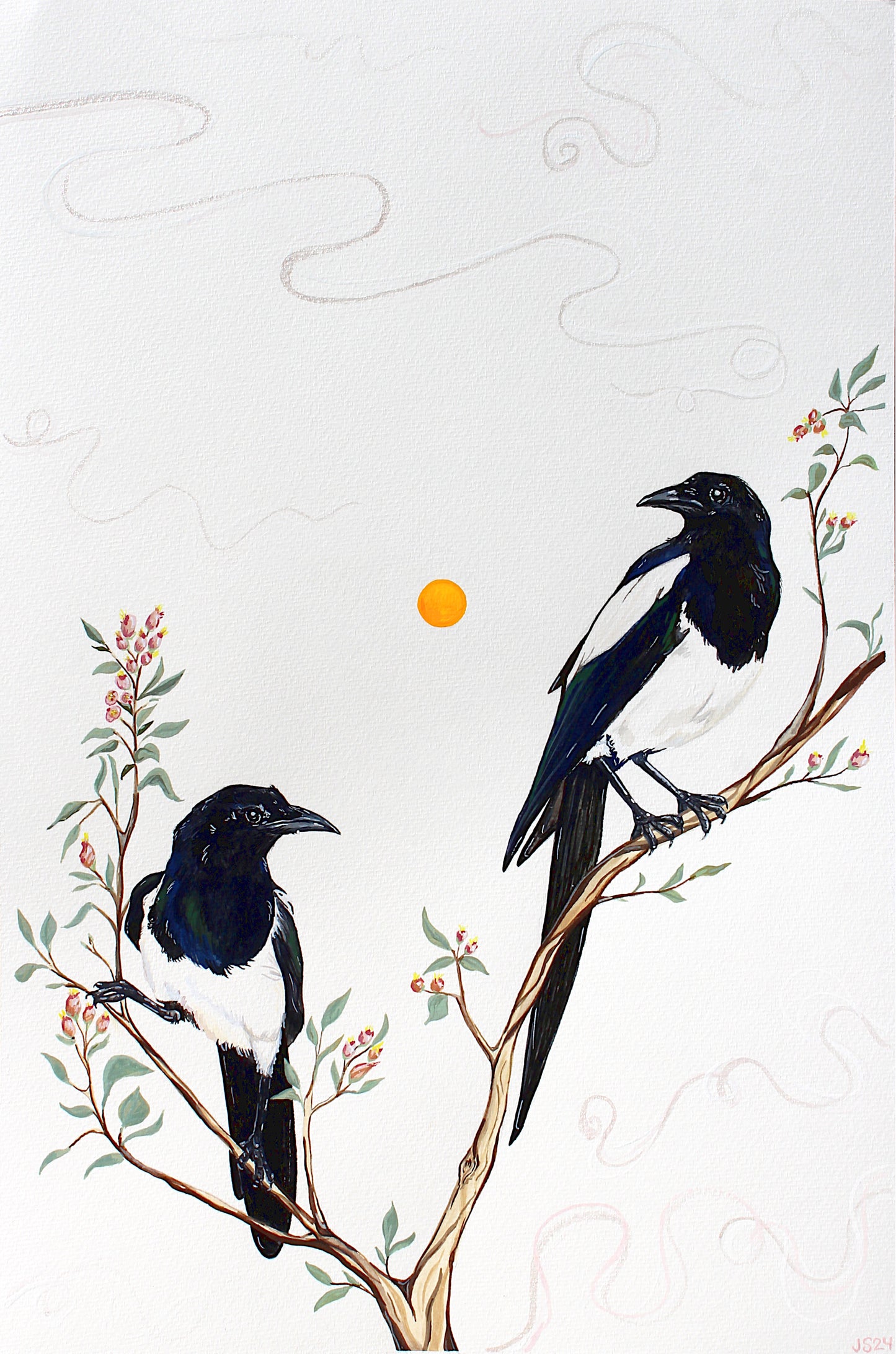 Magpies on a Serviceberry Bush | Print