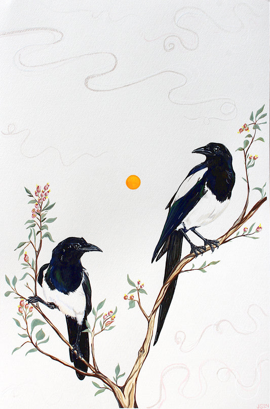 Magpies on a Serviceberry Bush | Print
