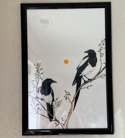 Magpies in serviceberry bush | Original Painting