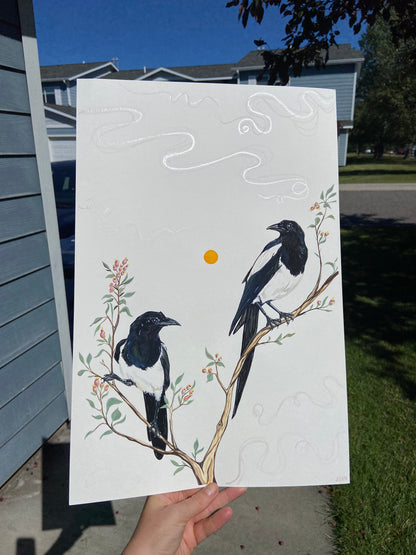 Magpies in serviceberry bush | Original Painting