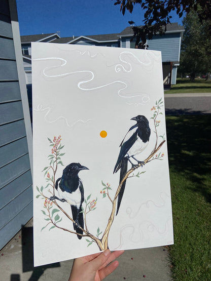 Magpies in serviceberry bush | Original Painting