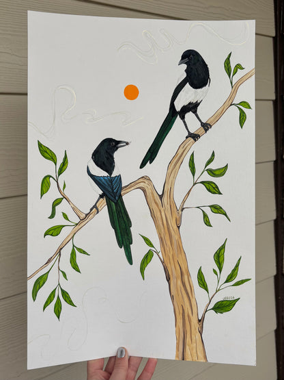 Magpies in Green | Original Painting