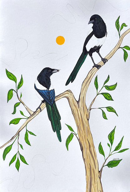 Magpies in Green | Original Painting