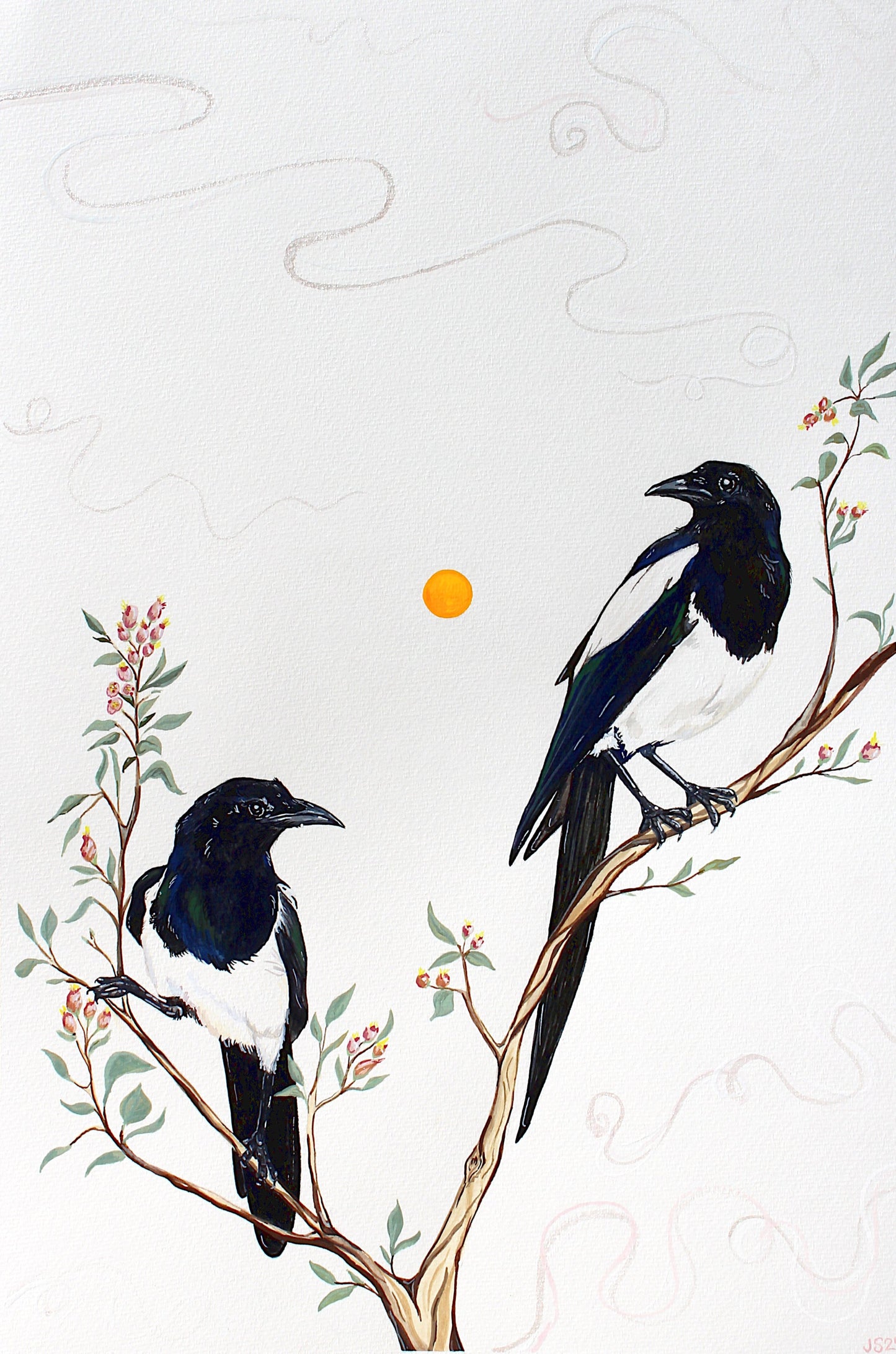 Magpies in serviceberry bush | Original Painting